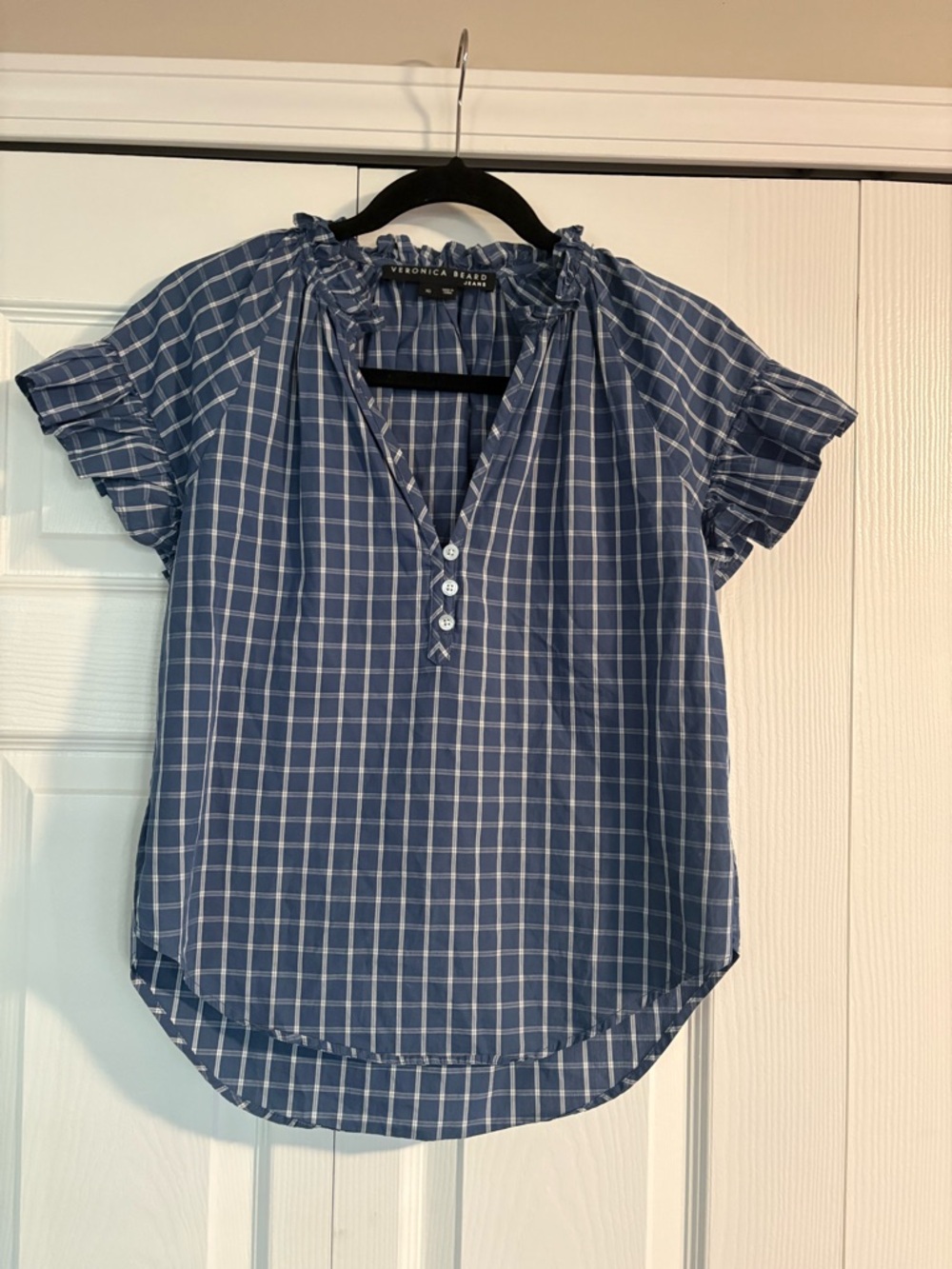 Veronica Beard Navy and White Plaid Short Sleeve Popover Blouse